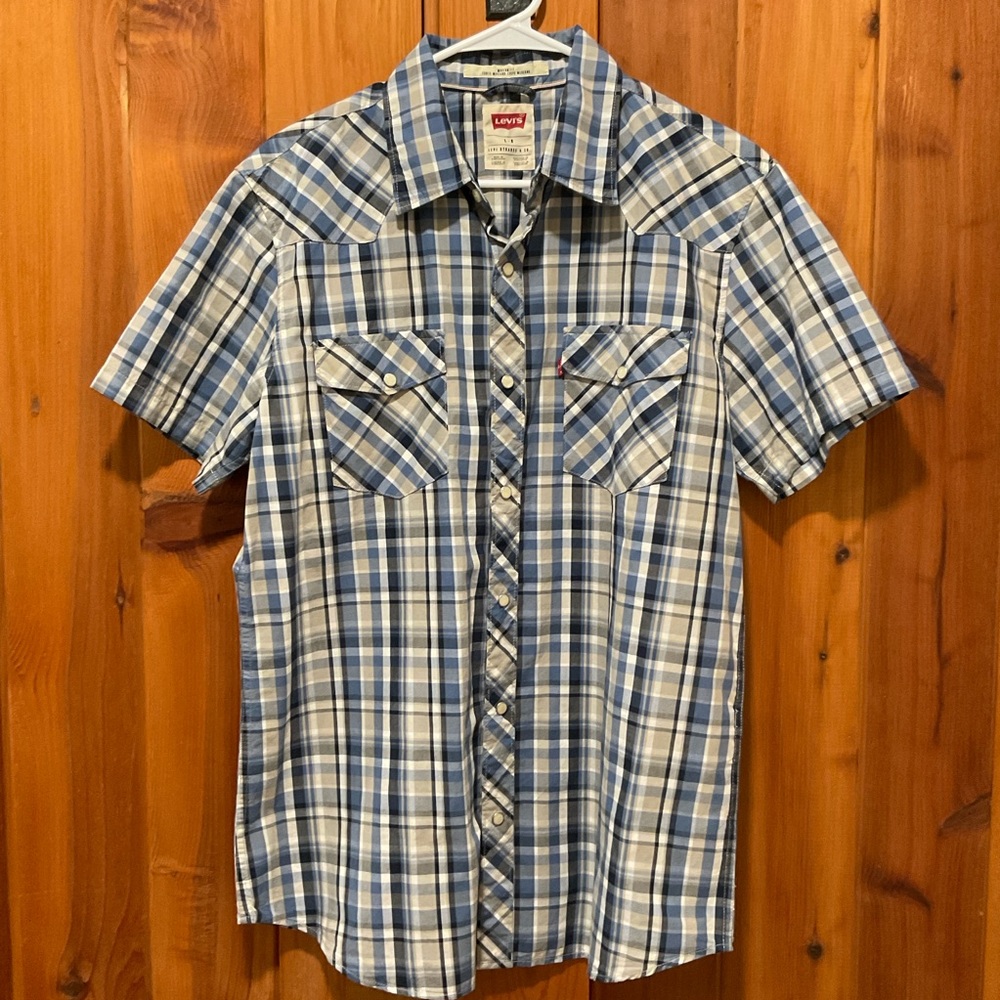 Large Levi’s Western Short Sleeve Shirt pearlized Snaps Blue Gray Plaid Mens